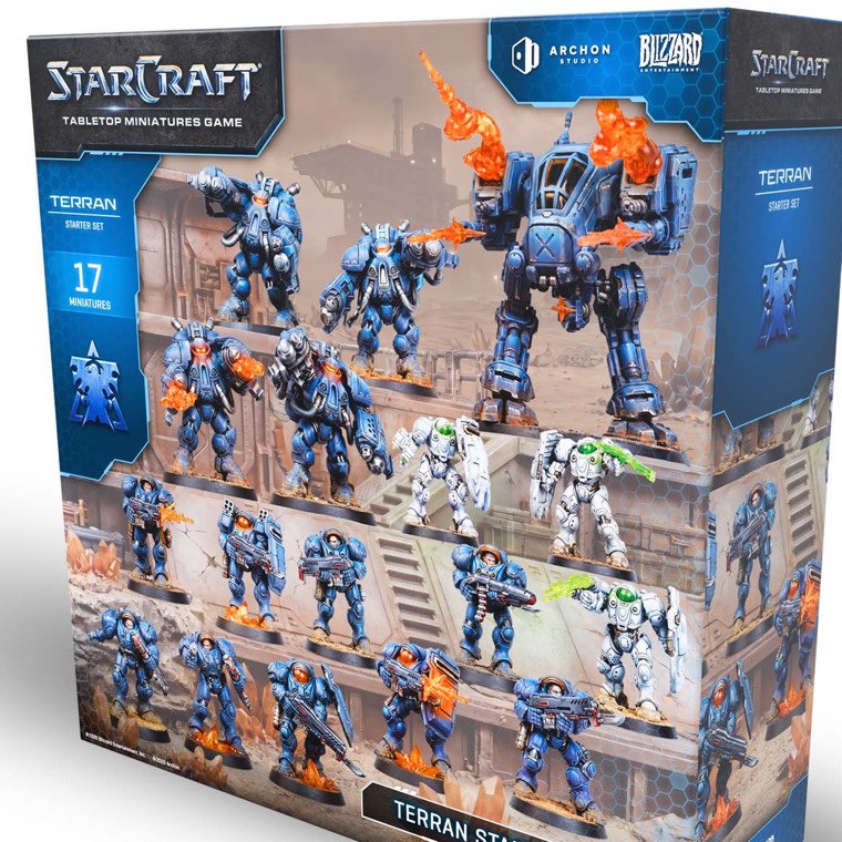 The Terran Starter Set box, showing blue-armored marines, marauders, white-armored medics and a Goliath walker.